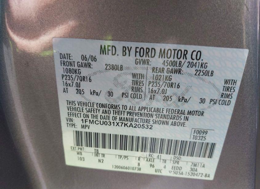 Photo 9 of 2007 Ford Escape XLT/XLT SPORT (VIN 1FMCU031X7KA20532)
