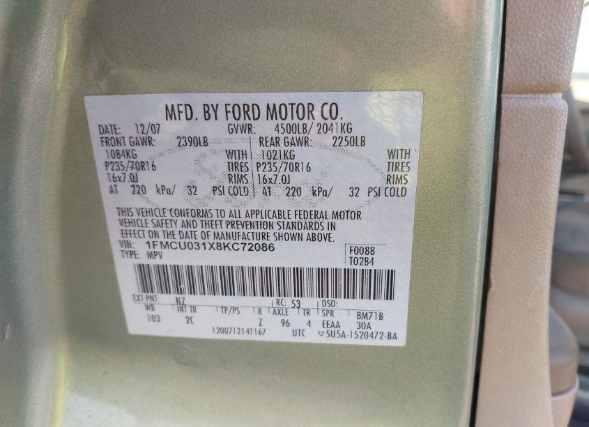 Photo 9 of 2008 Ford Escape XLT (VIN 1FMCU031X8KC72086)