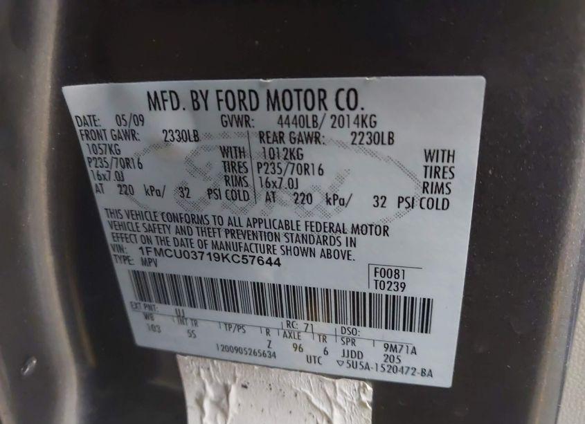 Photo 9 of 2009 Ford Escape XLT (VIN 1FMCU03719KC57644)