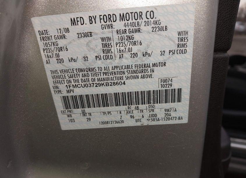 Photo 9 of 2009 Ford Escape XLT (VIN 1FMCU03729KB28604)