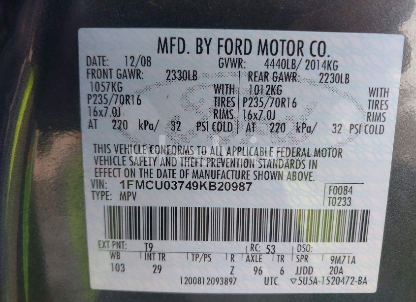 Photo 9 of 2009 Ford Escape XLT (VIN 1FMCU03749KB20987)