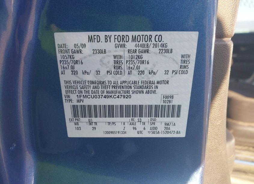 Photo 9 of 2009 Ford Escape XLT (VIN 1FMCU03749KC47920)