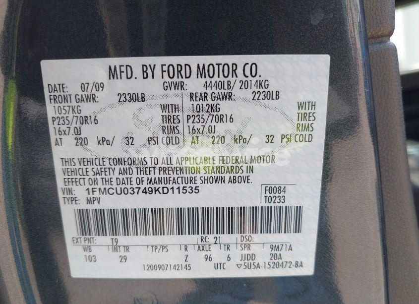 Photo 9 of 2009 Ford Escape XLT (VIN 1FMCU03749KD11535)