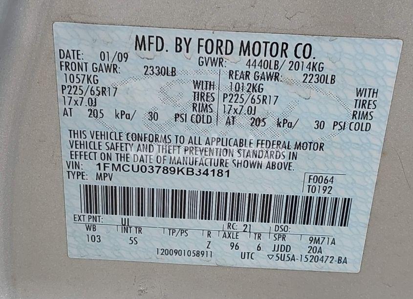 Photo 9 of 2009 Ford Escape XLT (VIN 1FMCU03789KB34181)