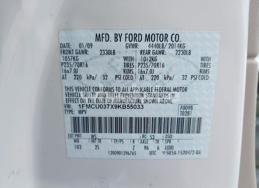 Photo 9 of 2009 Ford Escape XLT (VIN 1FMCU037X9KB55033)