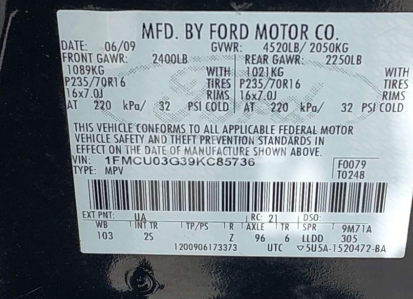 Photo 9 of 2009 Ford Escape XLT (VIN 1FMCU03G39KC85736)