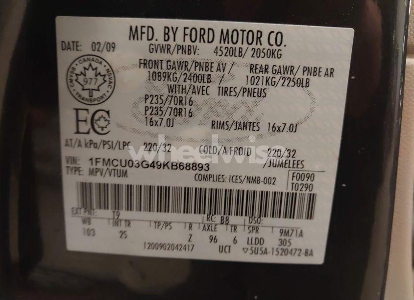 Photo 9 of 2009 Ford Escape XLT (VIN 1FMCU03G49KB68893)