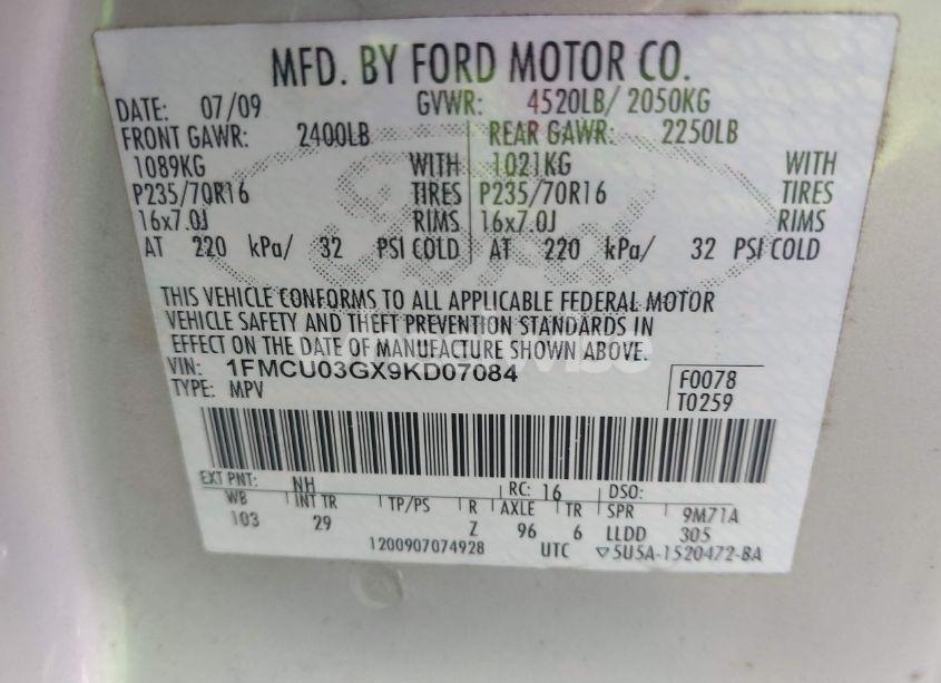 Photo 9 of 2009 Ford Escape XLT (VIN 1FMCU03GX9KD07084)