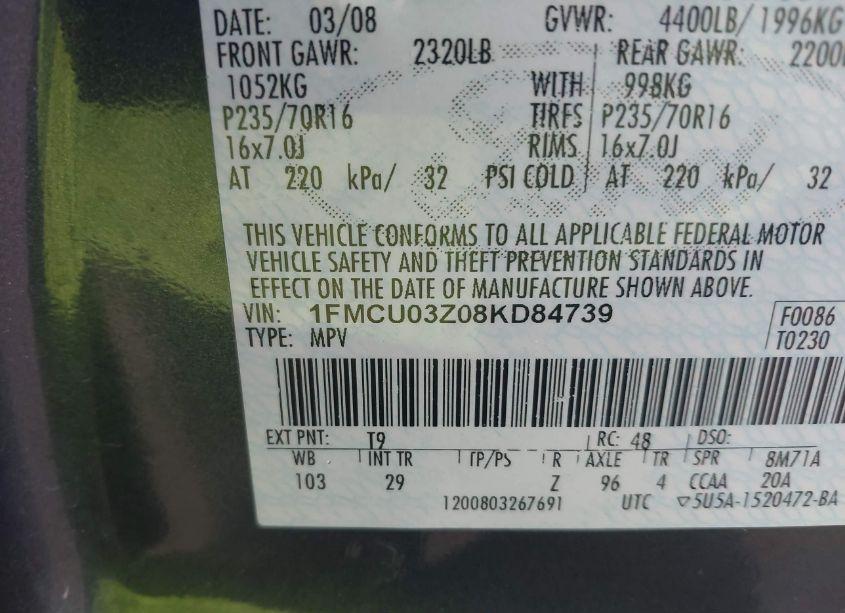 Photo 9 of 2008 Ford Escape XLT (VIN 1FMCU03Z08KD84739)