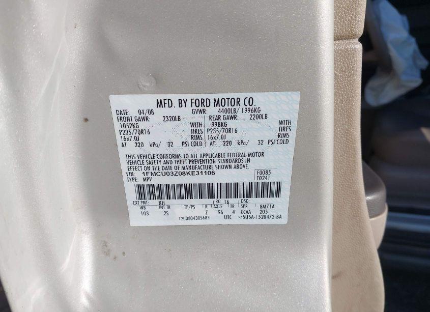 Photo 9 of 2008 Ford Escape XLT (VIN 1FMCU03Z08KE31106)