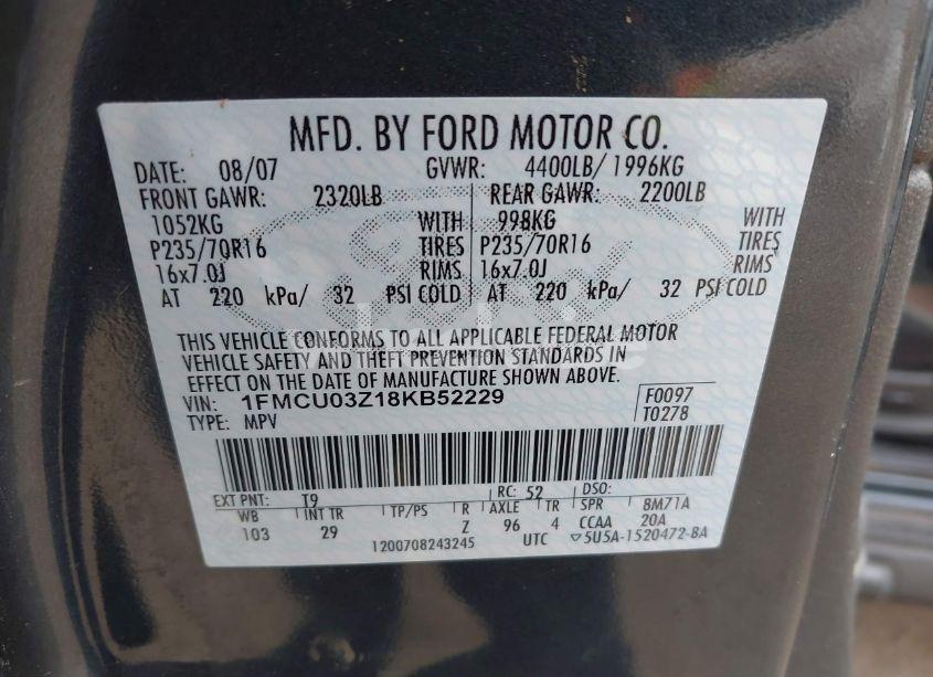 Photo 9 of 2008 Ford Escape XLT (VIN 1FMCU03Z18KB52229)