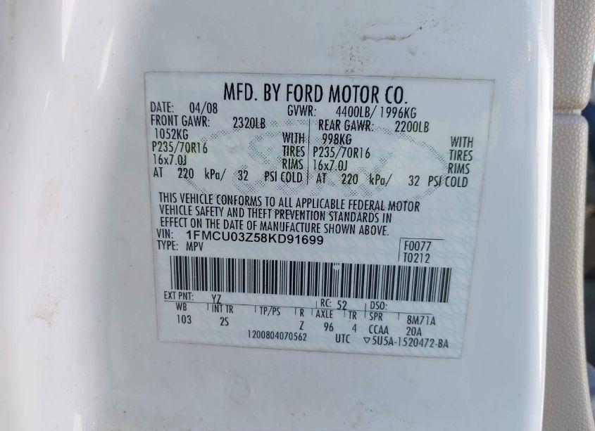 Photo 9 of 2008 Ford Escape XLT (VIN 1FMCU03Z58KD91699)