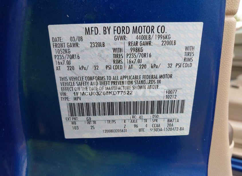 Photo 9 of 2008 Ford Escape XLT (VIN 1FMCU03Z68KD77522)