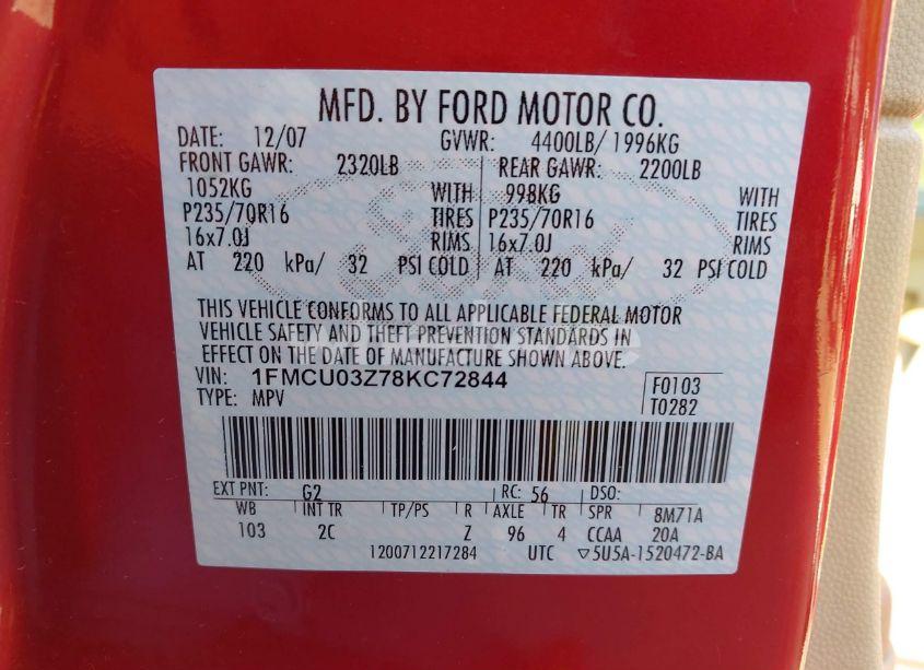 Photo 9 of 2008 Ford Escape XLT (VIN 1FMCU03Z78KC72844)