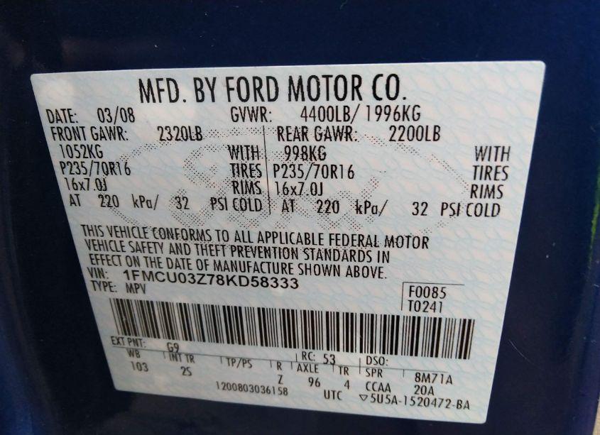 Photo 9 of 2008 Ford Escape XLT (VIN 1FMCU03Z78KD58333)