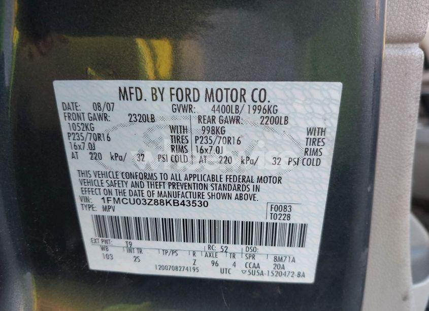 Photo 9 of 2008 Ford Escape XLT (VIN 1FMCU03Z88KB43530)