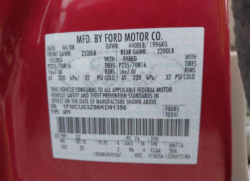 Photo 9 of 2008 Ford Escape XLT (VIN 1FMCU03Z88KD91356)