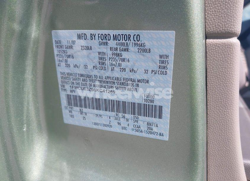 Photo 9 of 2008 Ford Escape XLT (VIN 1FMCU03Z98KC41269)