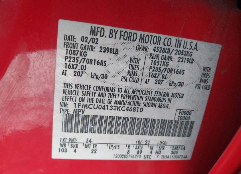 Photo 9 of 2002 Ford Escape XLT (VIN 1FMCU04132KC46810)