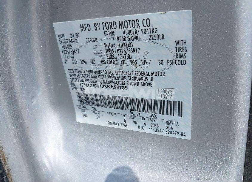 Photo 9 of 2008 Ford Escape LIMITED (VIN 1FMCU04138KA59785)