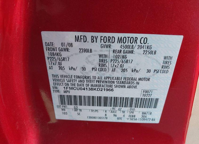 Photo 9 of 2008 Ford Escape LIMITED (VIN 1FMCU04138KD21966)