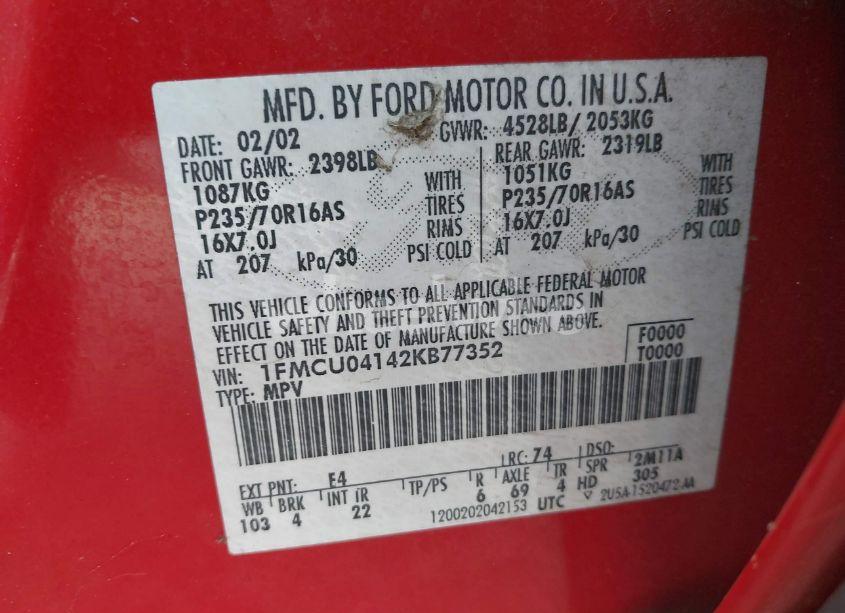 Photo 9 of 2002 Ford Escape XLT (VIN 1FMCU04142KB77352)