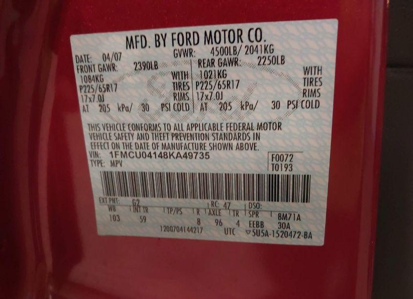 Photo 9 of 2008 Ford Escape LIMITED (VIN 1FMCU04148KA49735)