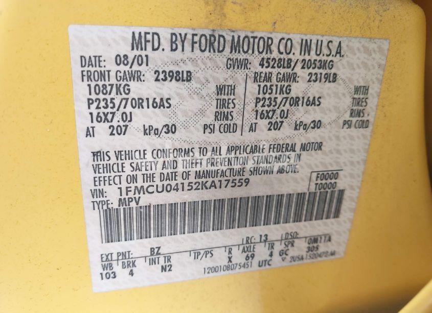Photo 9 of 2002 Ford Escape XLT (VIN 1FMCU04152KA17559)