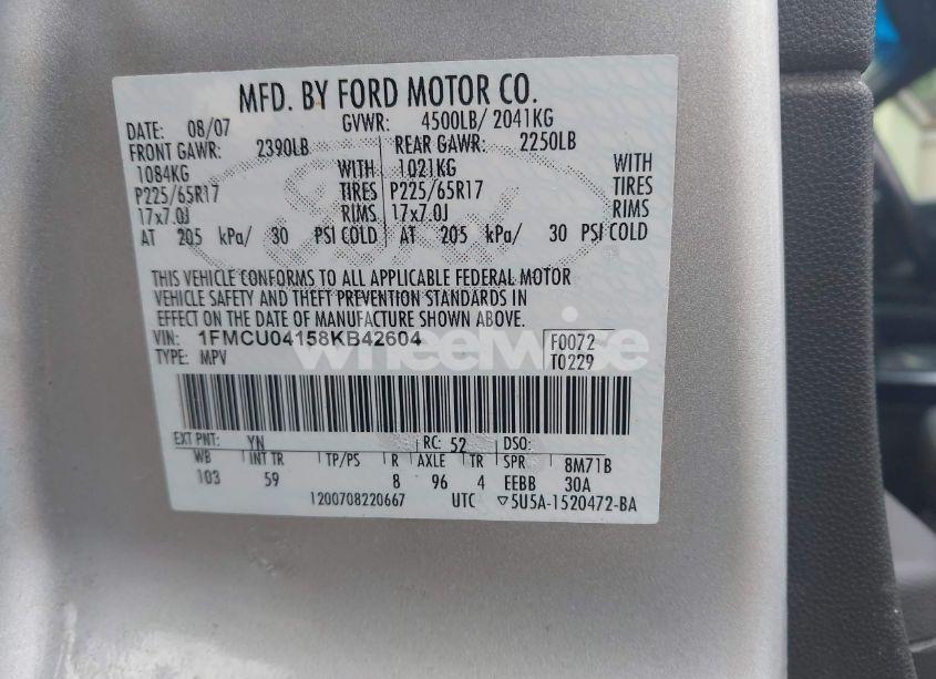Photo 9 of 2008 Ford Escape LIMITED (VIN 1FMCU04158KB42604)
