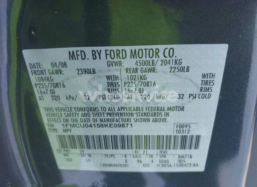 Photo 9 of 2008 Ford Escape LIMITED (VIN 1FMCU04158KE09871)