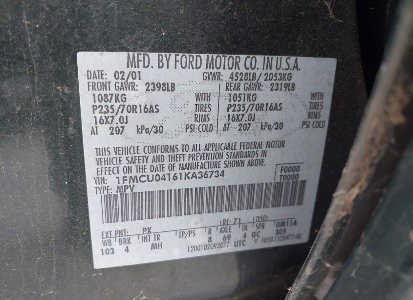 Photo 9 of 2001 Ford Escape XLT (VIN 1FMCU04161KA36734)