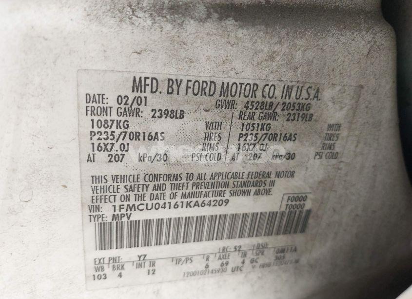 Photo 9 of 2001 Ford Escape XLT (VIN 1FMCU04161KA64209)