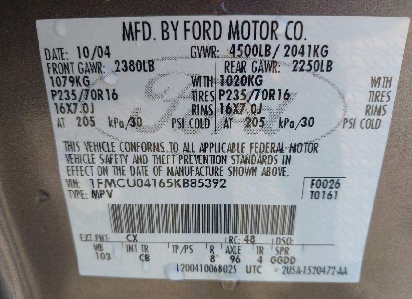 Photo 9 of 2005 Ford Escape LIMITED (VIN 1FMCU04165KB85392)