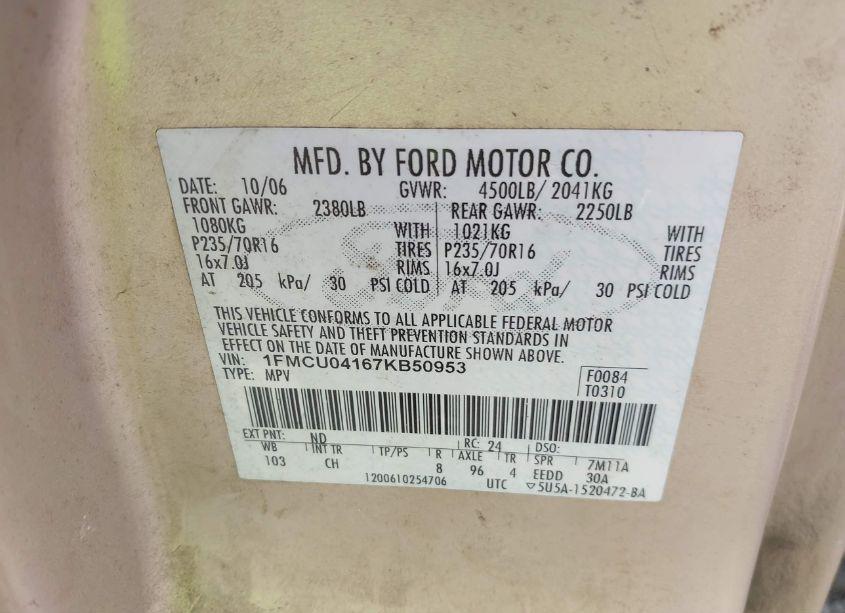 Photo 9 of 2007 Ford Escape LIMITED (VIN 1FMCU04167KB50953)