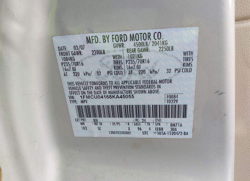 Photo 9 of 2008 Ford Escape LIMITED (VIN 1FMCU04168KA45055)