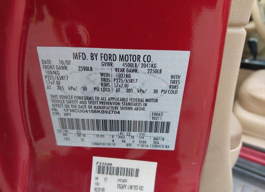 Photo 9 of 2008 Ford Escape LIMITED (VIN 1FMCU04168KB92704)