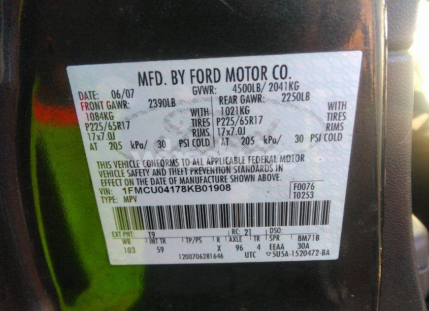 Photo 9 of 2008 Ford Escape LIMITED (VIN 1FMCU04178KB01908)