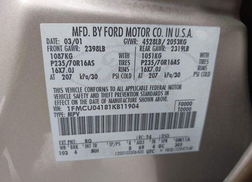 Photo 9 of 2001 Ford Escape XLT (VIN 1FMCU04181KB11904)