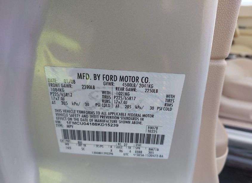 Photo 9 of 2008 Ford Escape LIMITED (VIN 1FMCU04188KD15239)