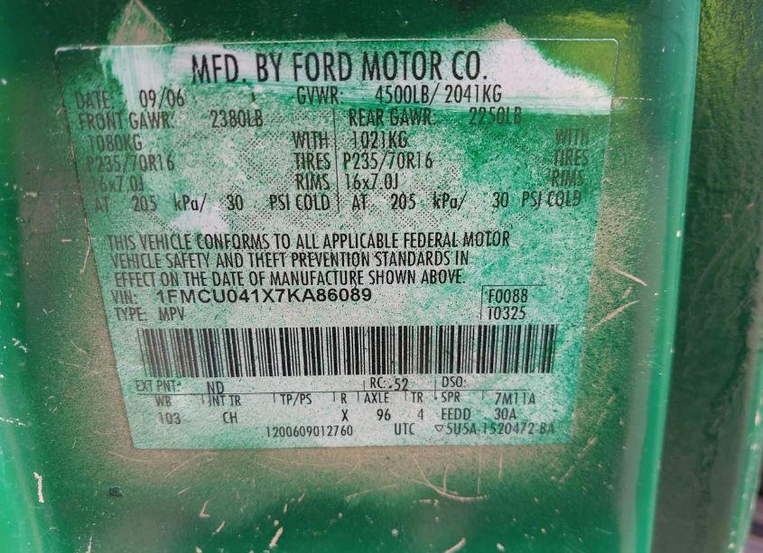 Photo 9 of 2007 Ford Escape LIMITED (VIN 1FMCU041X7KA86089)