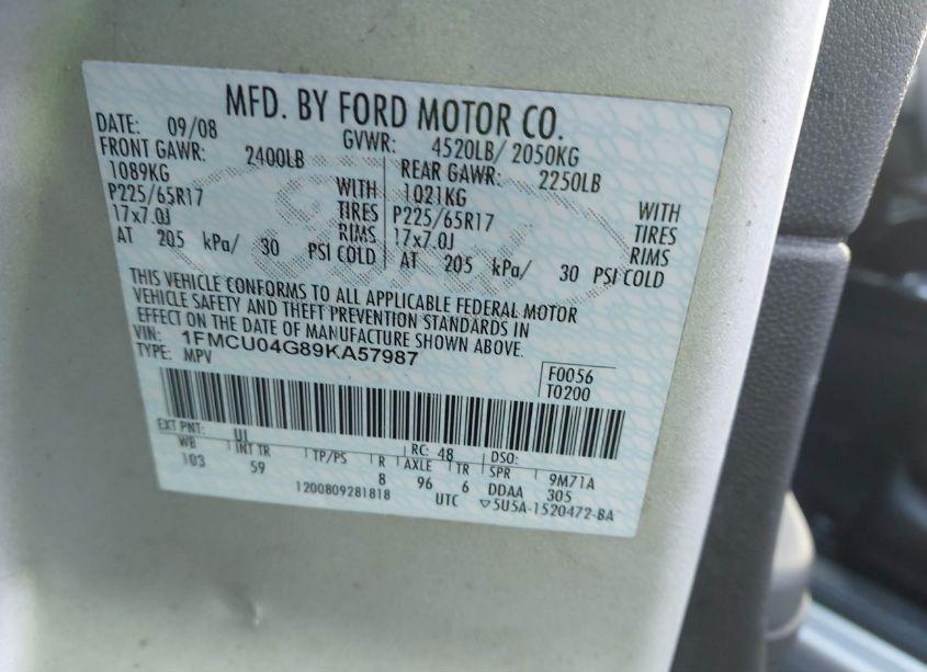 Photo 9 of 2009 Ford Escape LIMITED (VIN 1FMCU04G89KA57987)