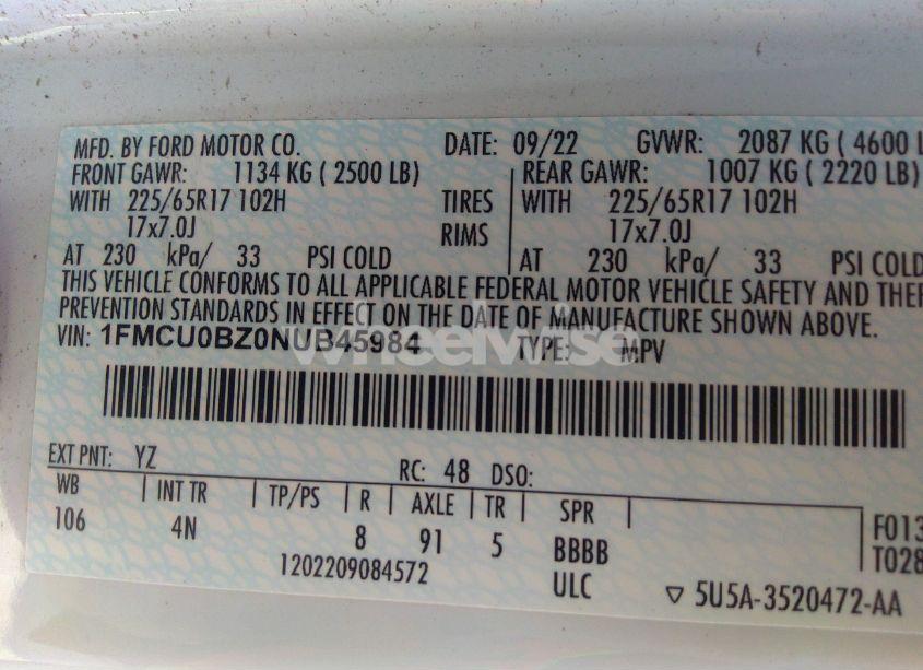 Photo 9 of 2022 Ford Escape SE HYBRID (VIN 1FMCU0BZ0NUB45984)