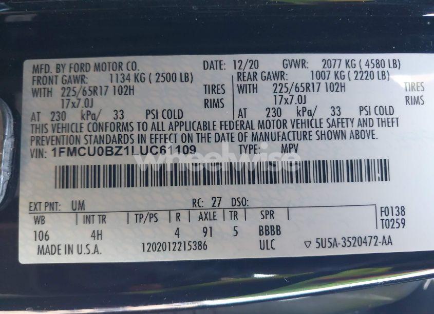 Photo 9 of 2020 Ford Escape SE SPORT HYBRID (VIN 1FMCU0BZ1LUC61109)