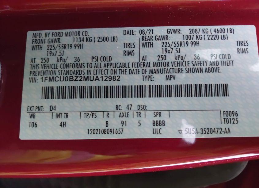 Photo 9 of 2021 Ford Escape SE HYBRID (VIN 1FMCU0BZ2MUA12982)