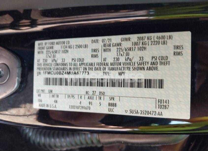 Photo 9 of 2021 Ford Escape SE HYBRID (VIN 1FMCU0BZ4MUA67773)