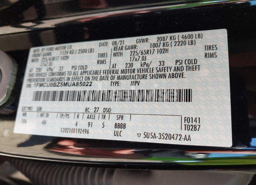 Photo 9 of 2021 Ford Escape SE HYBRID (VIN 1FMCU0BZ5MUA85022)