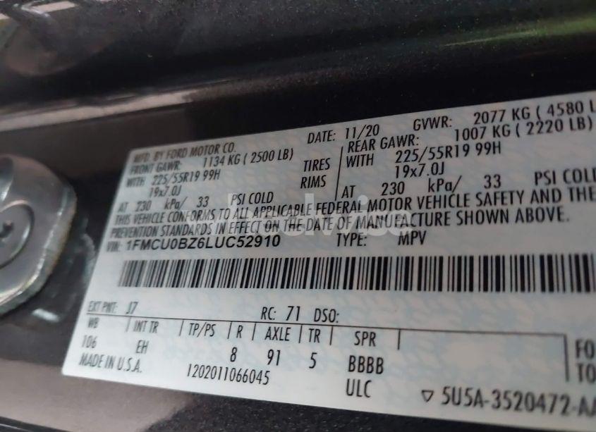 Photo 9 of 2020 Ford Escape SE SPORT HYBRID (VIN 1FMCU0BZ6LUC52910)