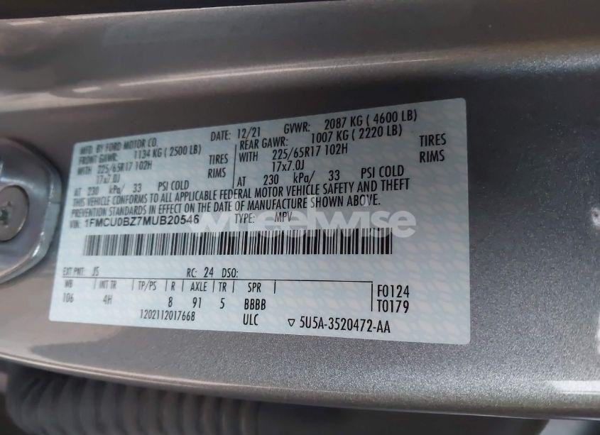 Photo 9 of 2021 Ford Escape SE HYBRID (VIN 1FMCU0BZ7MUB20546)