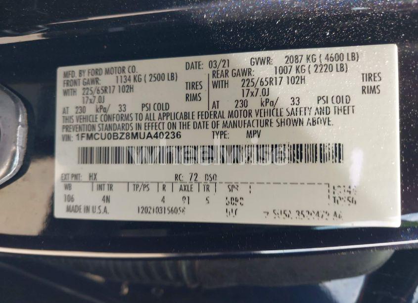 Photo 9 of 2021 Ford Escape SE HYBRID (VIN 1FMCU0BZ8MUA40236)