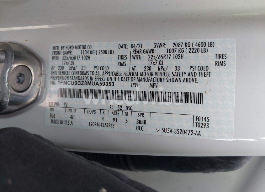 Photo 9 of 2021 Ford Escape SE HYBRID (VIN 1FMCU0BZ8MUA59353)